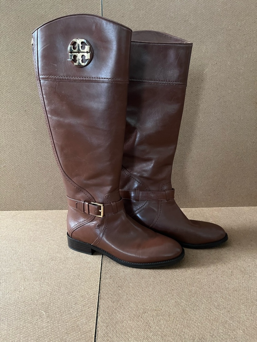 Tory Burch Brown Leather Riding Boots with Logo Accent